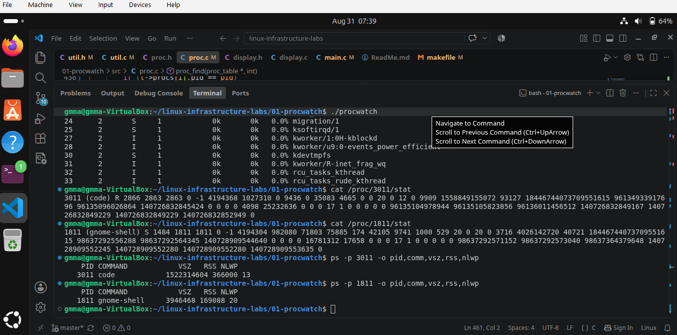 Terminal output from ProcWatch listing processes with PID, PPID, state, threads, VSIZE, RSS, CPU%, and command.